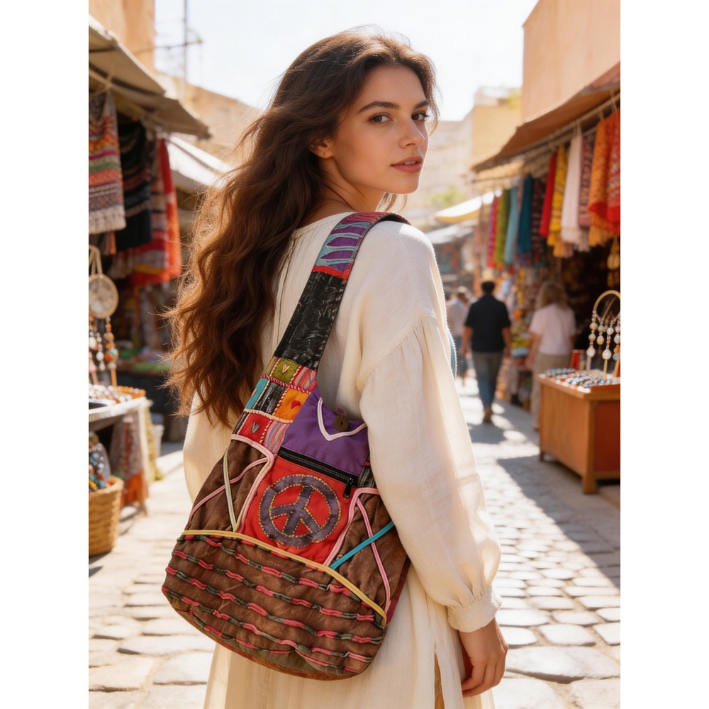 Nepal Cotton Patchwork Boho Hobo Bag Peace Sign Hippie Shoulder Bag Multicolor